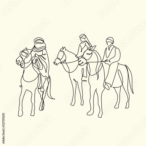 Arab man with araian horses vector line art. Arabian man wit traditional clothes riding his horse line drawing © Victoria
