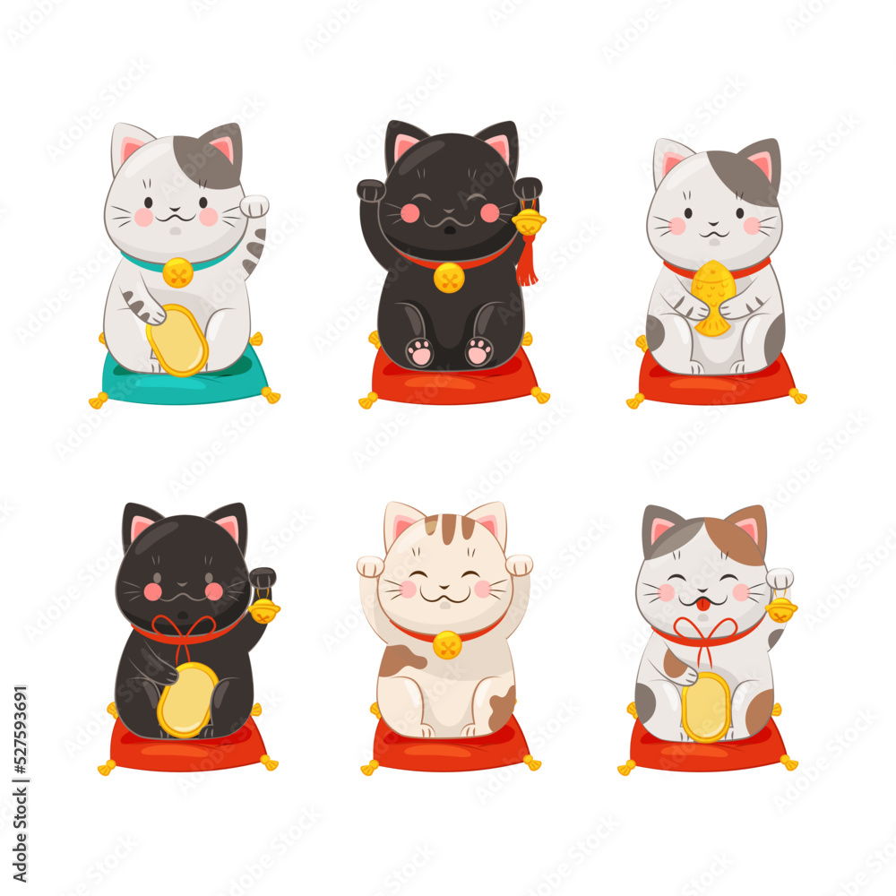 Maneki-neko Cat with Raised Paw as Ceramic Japanese Figurine Bringing Good Luck Vector Set Maneki-neko Cat with Raised Paw as Ceramic Japanese Figurine Bringing Good Luck Vector Set
