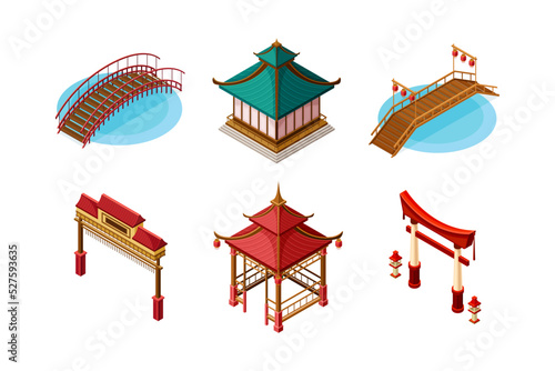Asian Architecture with Pagoda, Bridge, Gate and Gazebo Isometric Vector Set