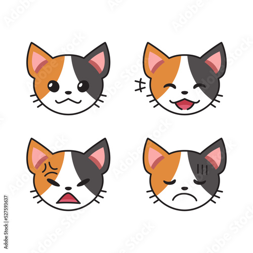 Set of cute cat faces showing different emotions for design.