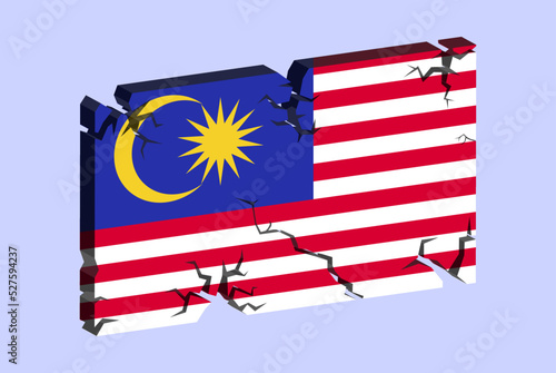 Malaysia flag on 3D cracked wall vector, fracture pattern, country flag with cracked texture, issues concept