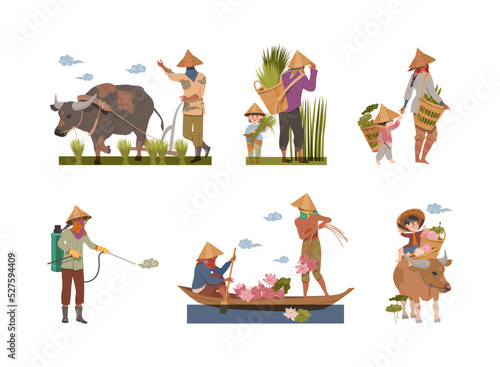 Asian Farmers in Straw Conical Hat Working on Rice Field and Lotus Vector Set photo