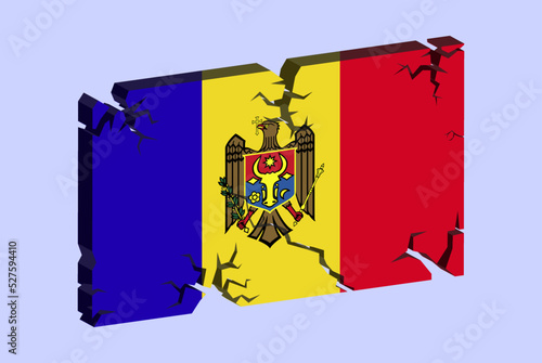 Moldova flag on 3D cracked wall vector, fracture pattern, country flag with cracked texture, issues concept