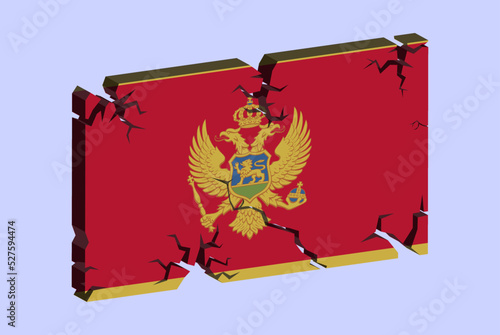 Montenegro flag on 3D cracked wall vector, fracture pattern, country flag with cracked texture, issues concept