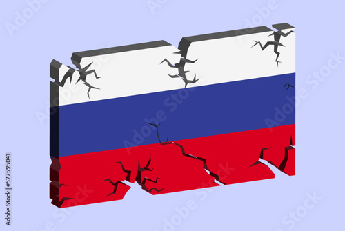Russia flag on 3D cracked wall vector, fracture pattern, country flag with cracked texture, issues concept