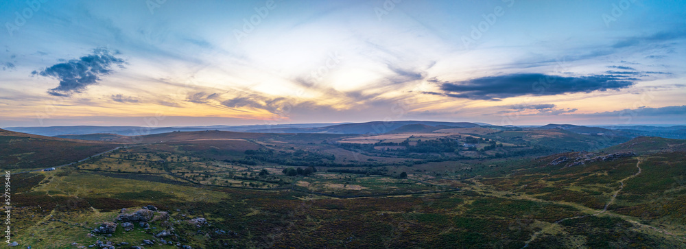 Sunset over Haytor Rocks from a drone, Dartmoor Park, Devon, England, Europe