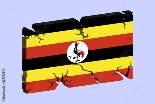 Uganda flag on 3D cracked wall vector, fracture pattern, country flag with cracked texture, issues concept