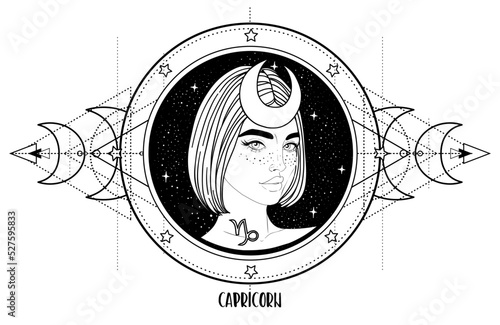 Illustration of Capricorn astrology sign as a beautiful girl over sacred geometry frame. Zodiac vector drawing isolated in black and white. Future telling, horoscope, spirituality. Coloring book.
