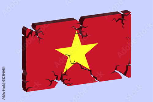 Vietnam flag on 3D cracked wall vector, fracture pattern, country flag with cracked texture, issues concept
