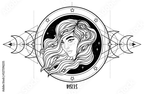 Illustration of Pisces astrology sign as a beautiful girl over sacred geometry frame. Zodiac vector drawing isolated in black and white. Future telling, horoscope, spirituality. Coloring book.