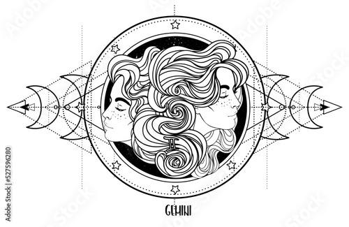 Illustration of Gemini astrological sign as a beautiful girl over sacred geometry frame. Zodiac vector drawing isolated in black and white. Future telling, horoscope, spirituality. Coloring book.