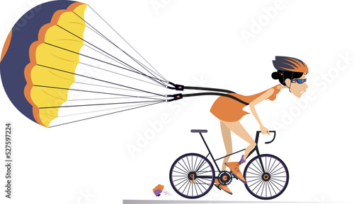 Hard training cyclist woman. 
Cartoon cycling woman in helmet and sunglasses drags a parachute. On white background
