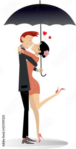 Love couple rendezvous illustration. Heart symbols. 
Young man and woman kissing one another under umbrella. Isolated on white background

