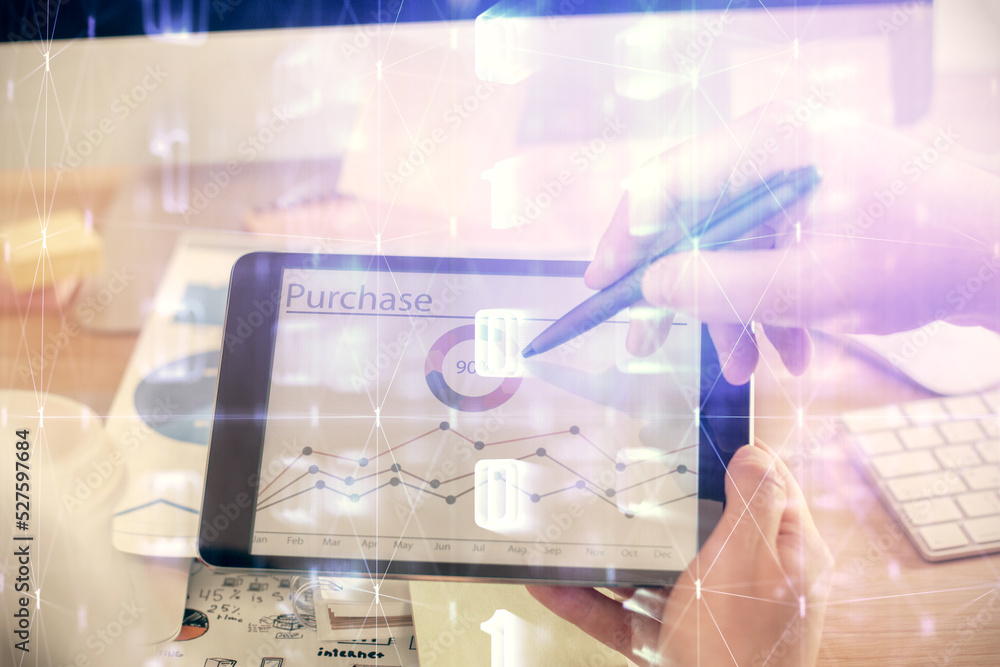 Multi exposure of man's hands holding and using a digital device and data theme drawing. Innovation concept. Multi exposure of man's hands holding and using a digital device and data theme drawing. Innovation concept.