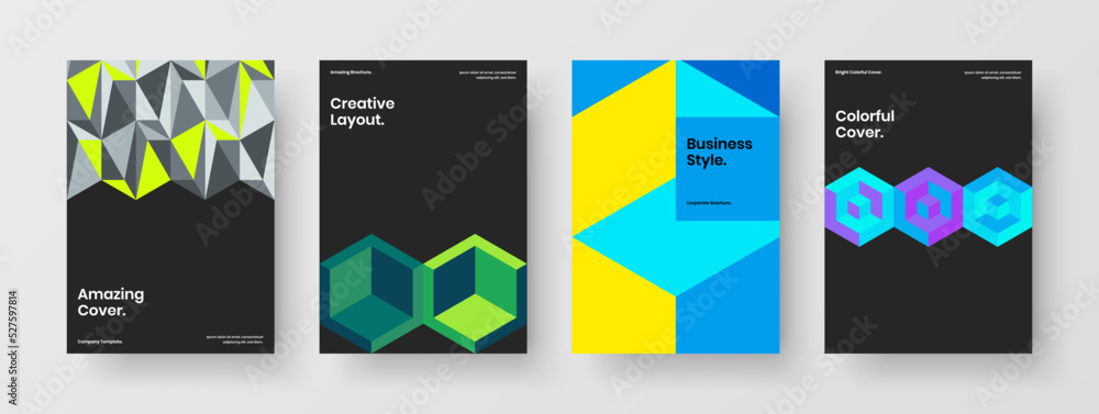Abstract company identity A4 vector design illustration collection. Bright mosaic pattern magazine cover layout bundle.