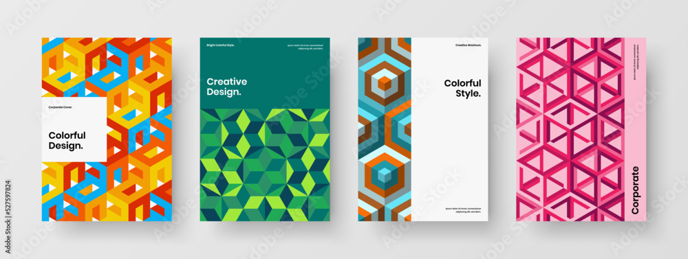 Fresh flyer vector design concept set. Premium geometric tiles leaflet template collection.