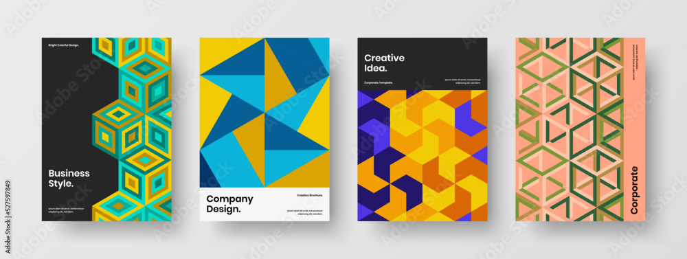 Bright mosaic shapes corporate cover concept composition. Fresh annual report A4 vector design illustration bundle.