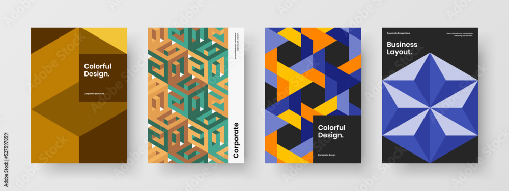 Vivid mosaic tiles catalog cover concept bundle. Creative pamphlet A4 design vector illustration collection.