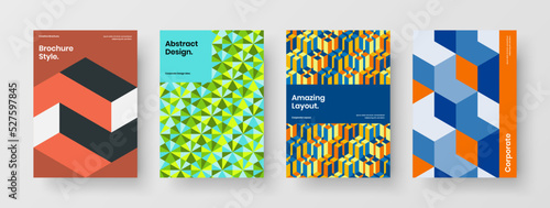 Amazing handbill vector design template bundle. Colorful geometric hexagons corporate brochure layout composition.