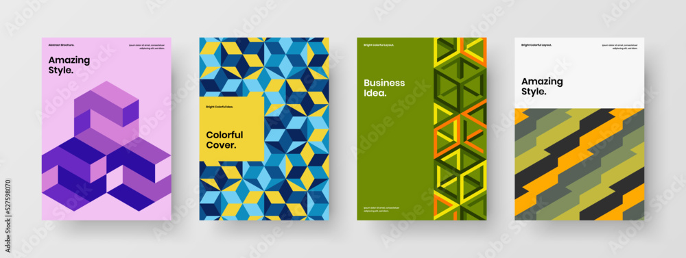 Original geometric hexagons poster template collection. Clean company identity A4 vector design layout composition.