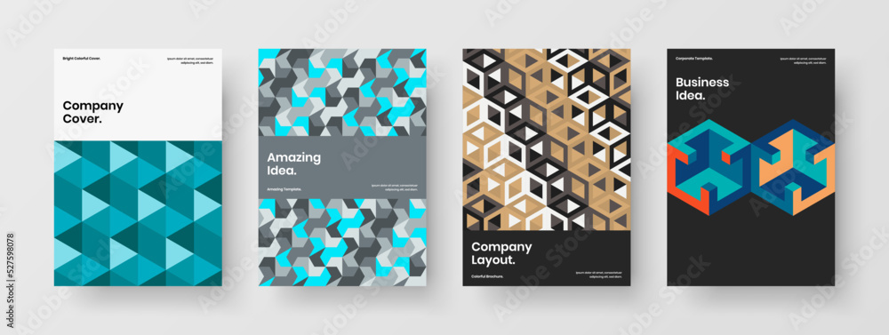 Colorful book cover A4 vector design concept composition. Premium mosaic shapes poster template set.