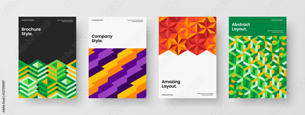 Colorful cover vector design concept composition. Original mosaic hexagons pamphlet template set.