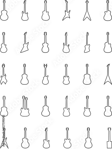 Icons, silhouettes of many different guitars