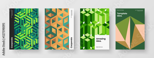 Clean mosaic hexagons company brochure template bundle. Multicolored cover design vector layout composition.