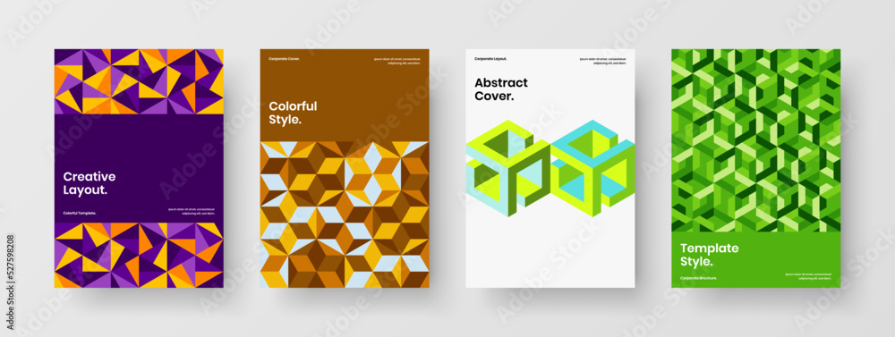 Clean journal cover design vector concept composition. Colorful mosaic tiles banner template collection.