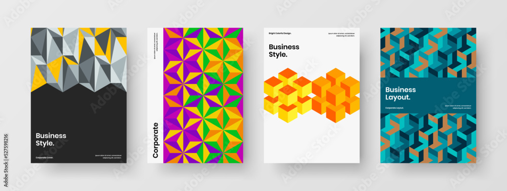 Fototapeta premium Colorful geometric shapes company brochure concept bundle. Isolated pamphlet vector design layout collection.