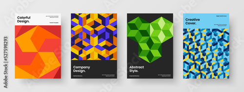 Colorful geometric hexagons poster layout set. Abstract corporate cover design vector template bundle.