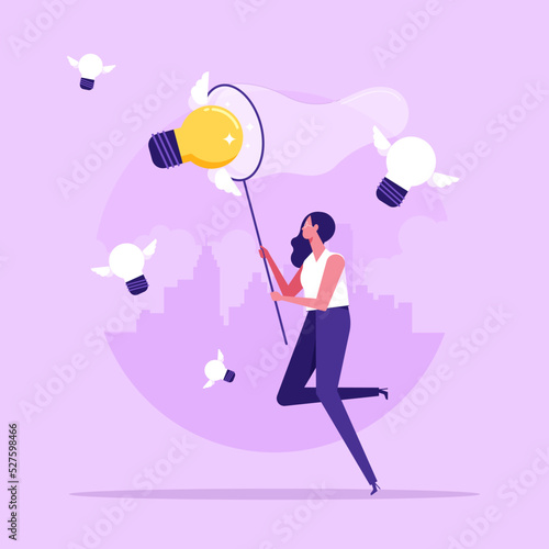 Capture new business ideas, search for innovation or creativity, brainstorm or invent new discovery project concept, businesswoman chasing and catch flying lightbulb ideas with butterfly net