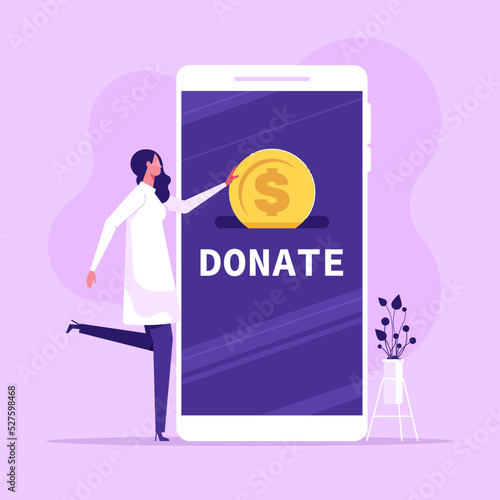 Charity donation online with woman put money coin in smartphone. donating money by online payments charity flat vector