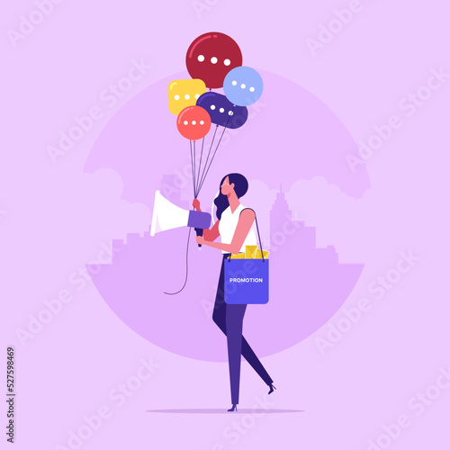 Communication or PR, Public Relations manager to communicate company information and media, announce sales or promotion concept, businesswoman holding speech bubble balloons while talking on megaphone