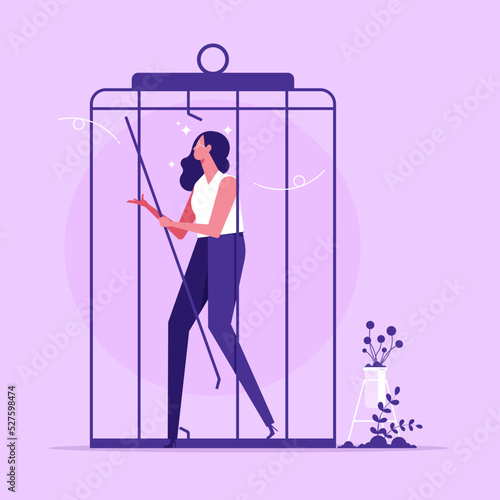 Freedom and new life opportunities concept, woman running out of cage feeling confident and full of energy and ideas vector illustration