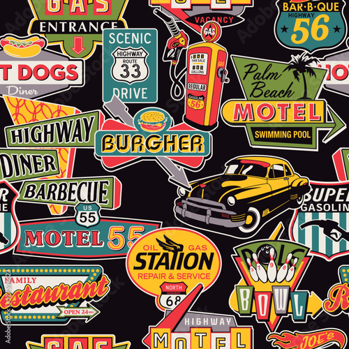 Vintage street sign board car motel station restaurant badges collection vector seamless pattern