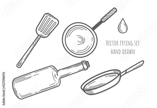 Hand drawn frying kitchen elements set on white background. Vintage bottle  oil drop  two frying pans  spatula for stirring food. Decorative icons for cafe menu design  banner layout. Recipe. Sketch.