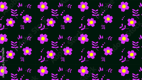 Illustration of pansy-like flowers. Black background for wrapping paper, luncheon mats, etc.