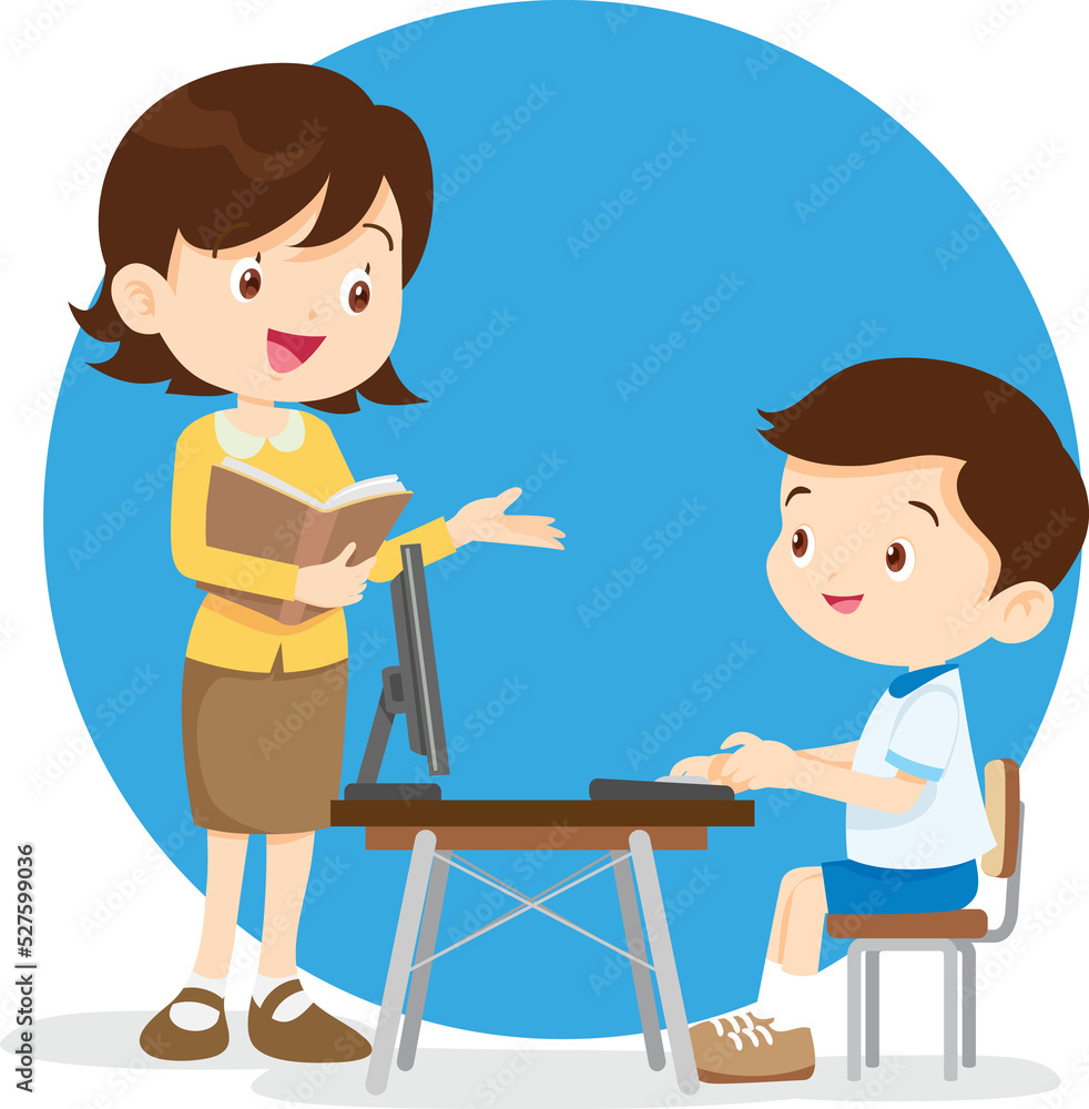 Back to school, happy Pupils children learning computer reading books concept Back to school, happy Pupils children learning computer reading books concept