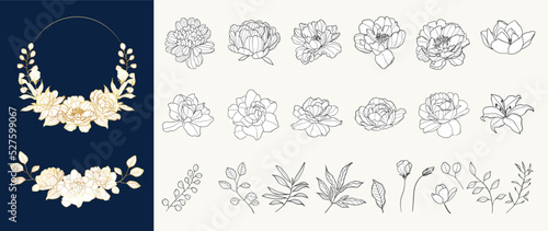 Set of luxury floral vector element. Collection of botanical with rose flowers, leaf branch, wreath, leaves in gold and black hand drawn. Elegant flowers for decorative, prints, logo, wedding, card.
