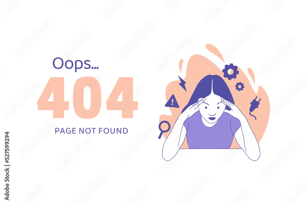 woman holding hands on head having disappointment for Oops 404 error design concept landing page woman holding hands on head having disappointment for Oops 404 error design concept landing page