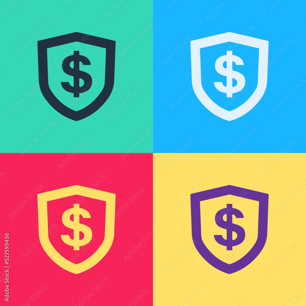 Pop art Shield with dollar symbol icon isolated on color background. Security shield protection. Money security concept. Vector Pop art Shield with dollar symbol icon isolated on color background. Security shield protection. Money security concept. Vector