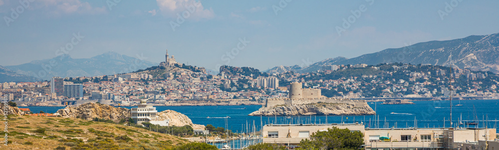 View of Marseille from the Frioul archipelago and the island of the Chateau d'If, a fortress and former prison