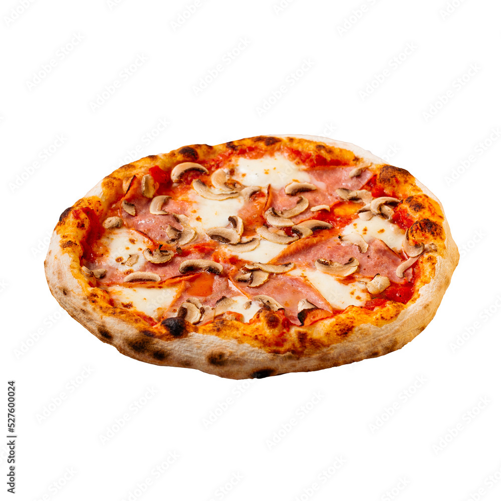 Fresh baked pizza with ham and mushrooms