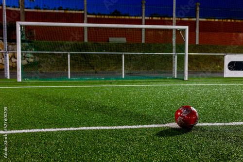 A soccer ball in front of the goal is ready to hit the goal.