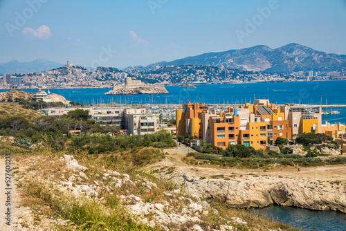 Buildings of the port and village of Ratonneau island on the Frioul archipelago with a view on Marseille © JeanLuc Ichard