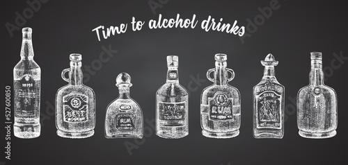Set hand drawn sketch glasses bottle alcoholic drinks on chalckboard background Vintage vector design for bar, restaurant, cafe menu Engraving art style for flyer, banner, poster
