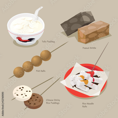Cartoon illustration of 5 featured vintage street food in Hong Kong