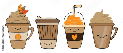 Pumpkin spice latte and coffee cup set. Autumnal decoration.