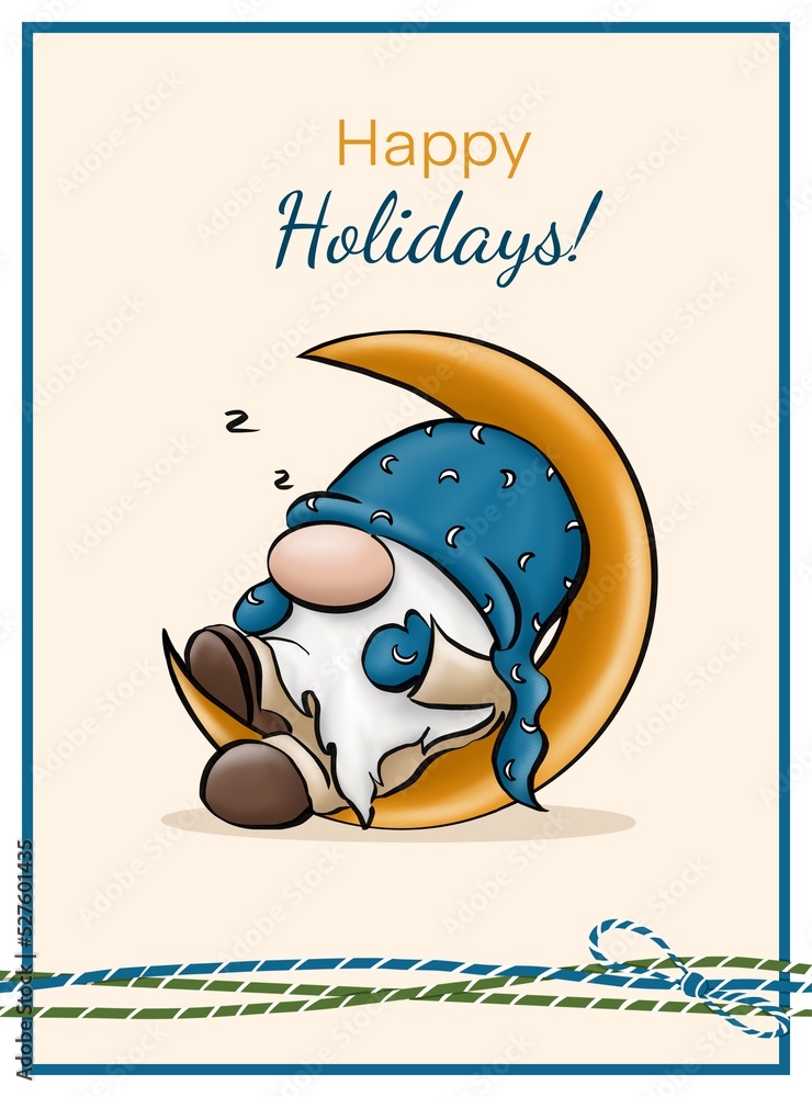 Cute gnome in blue hat sleeping on the moon. Christmas and New Year